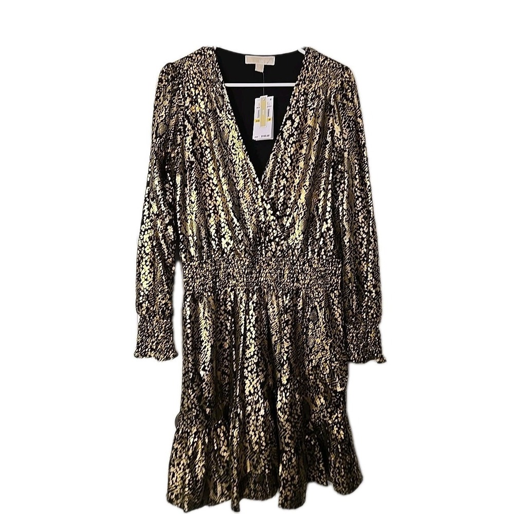 Michael Kors Foil Gold JuliaDress‎ M V-Neck Tierd Ruffled Hem New With Tags